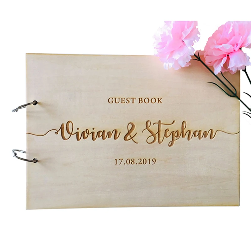 Personalized Name And Date Calligraphy Guest Book Laser Engraved Wedding Guest Book,Rustic Wooden Guestbook,Photo Album