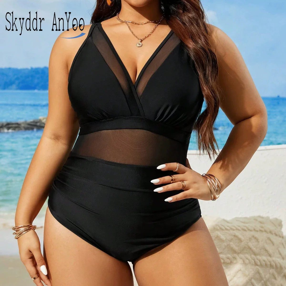 

Plus Size Swimsuit Women's Sexy One Piece Bathing Suits V-Neck Tummy Control Mesh Swimwear