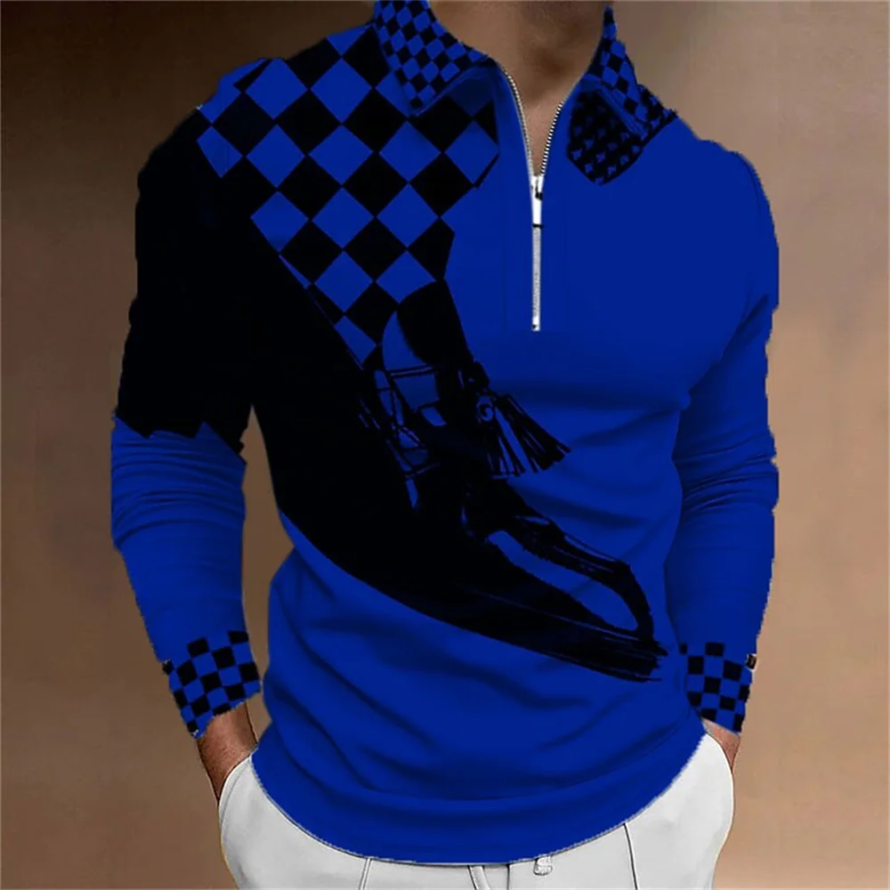 Men\'s Polo Shirt Golf Shirt Plaid Prints 3D Print Street Long Sleeve Zipper Clothing Apparel Sports Fashion Streetwear Designer