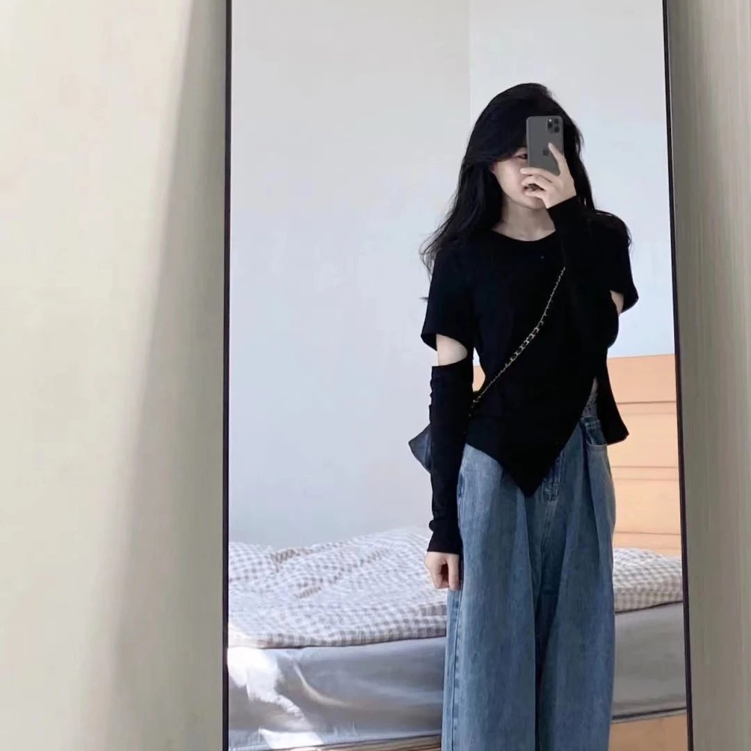 Koszulki z dziurami damskie czyste nowe iregularne Hip Hop seksowne jesienne zaprojektowane z długim rękawem eleganckie estetyczne młode proste dziewczyny topy Harajuku