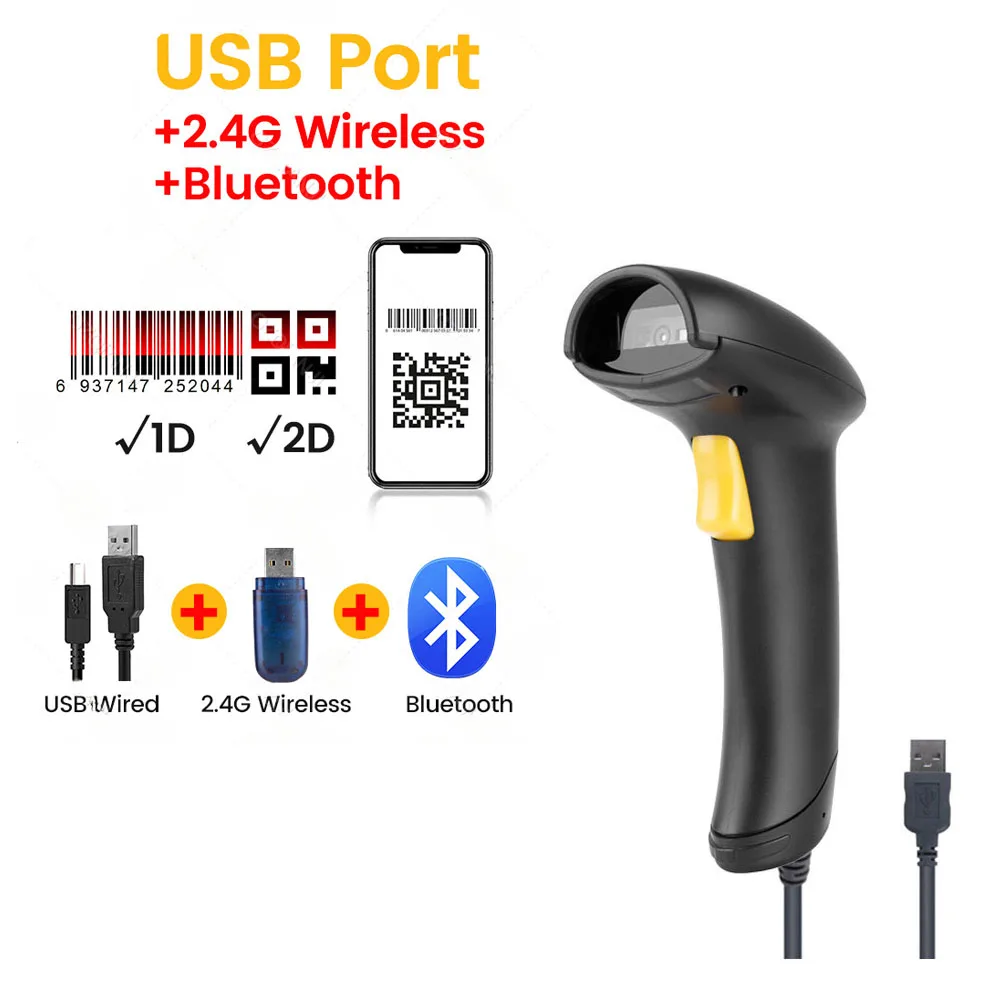 Wireless Bluetooth Barcode Scanner 2D QR and 1D Handheld Reader Fast Scan for POS System Supermarket Courier Inventory High Spee