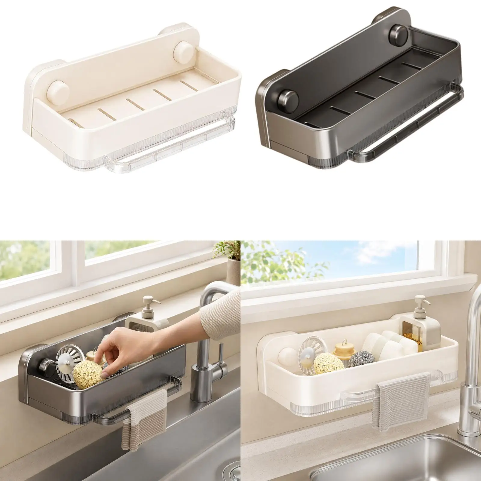 Kitchen Sponge Holder Wall Mounted Sink Rack with Draining Tray Strong Load Bearing Organizer for Kitchen Sink Accessories