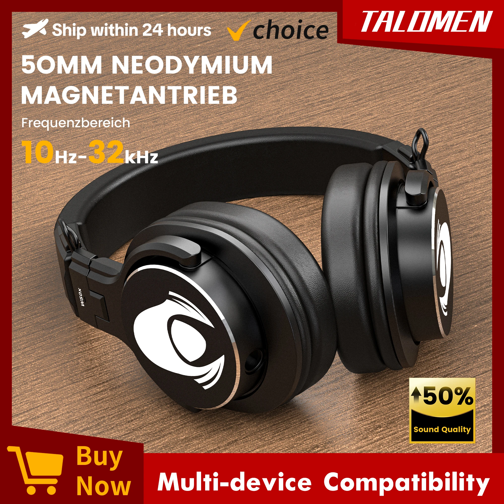 Talomen W50x Casque de studio filaire, casque stéréo professionnel pour DJ, casque pour moniteur supra-auriculaire avec câble amovible