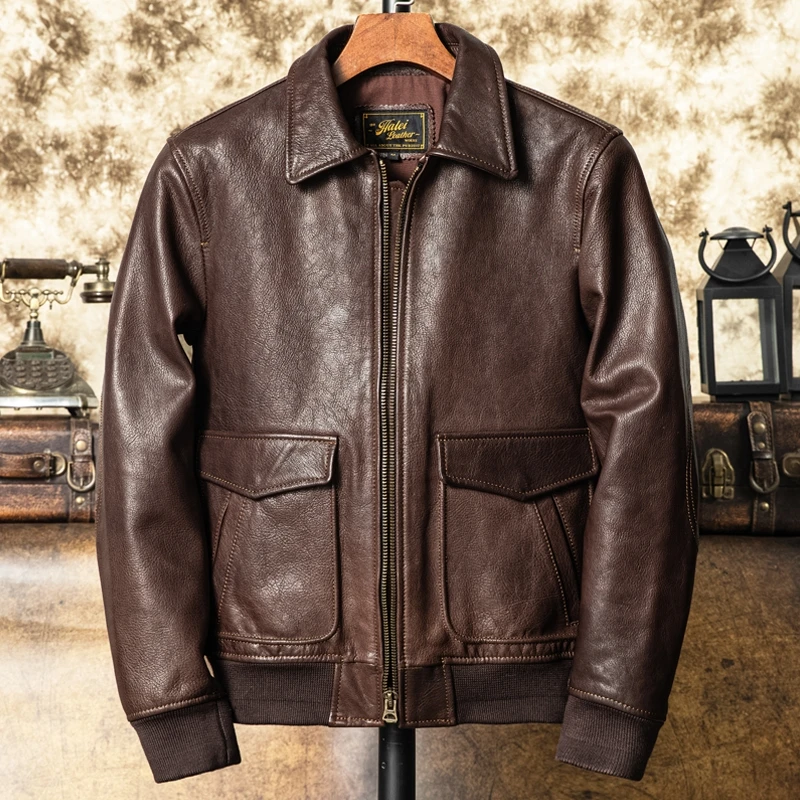 Brown Autumn A2 Leather Jacket Men Military Style Plus Size 5XL Natural Sheepskin Genuine Pilot Leather Coat