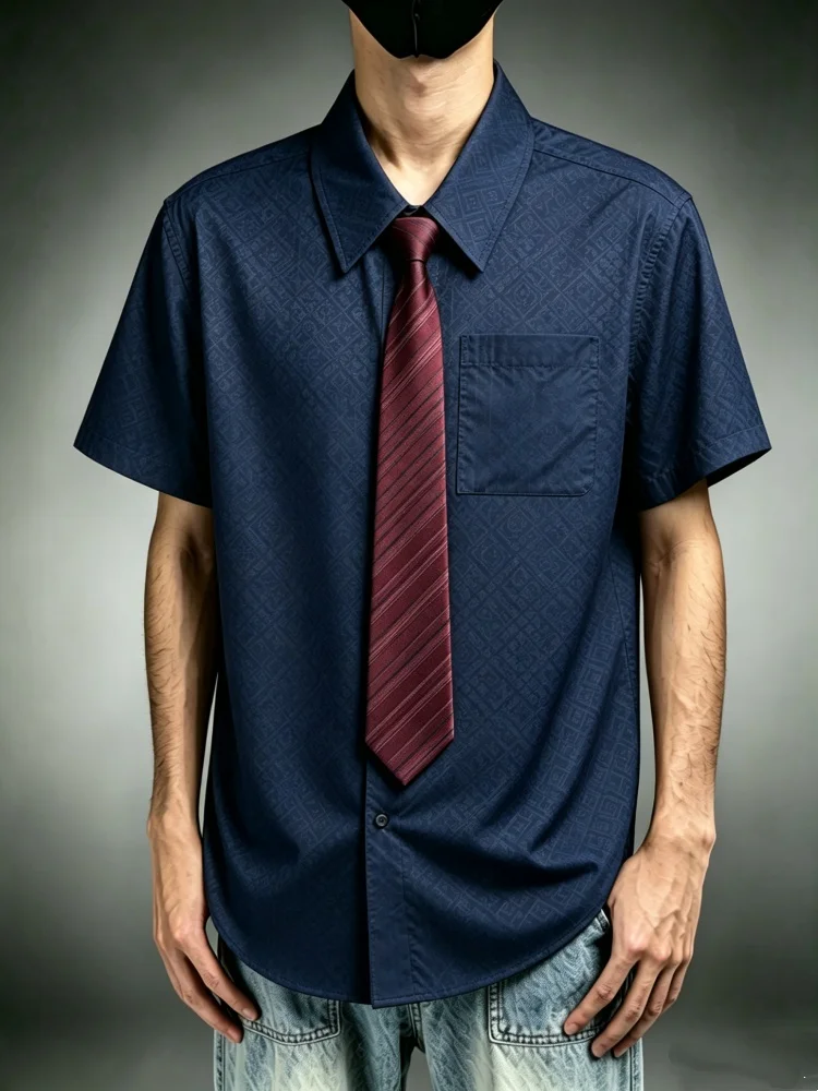 

Mens Short Sleeve Shirt With Tie Chest Pocket Navy Blue Jacquard Burgundy Striped Tie Loose Fit Summer Elegant Business Shirt