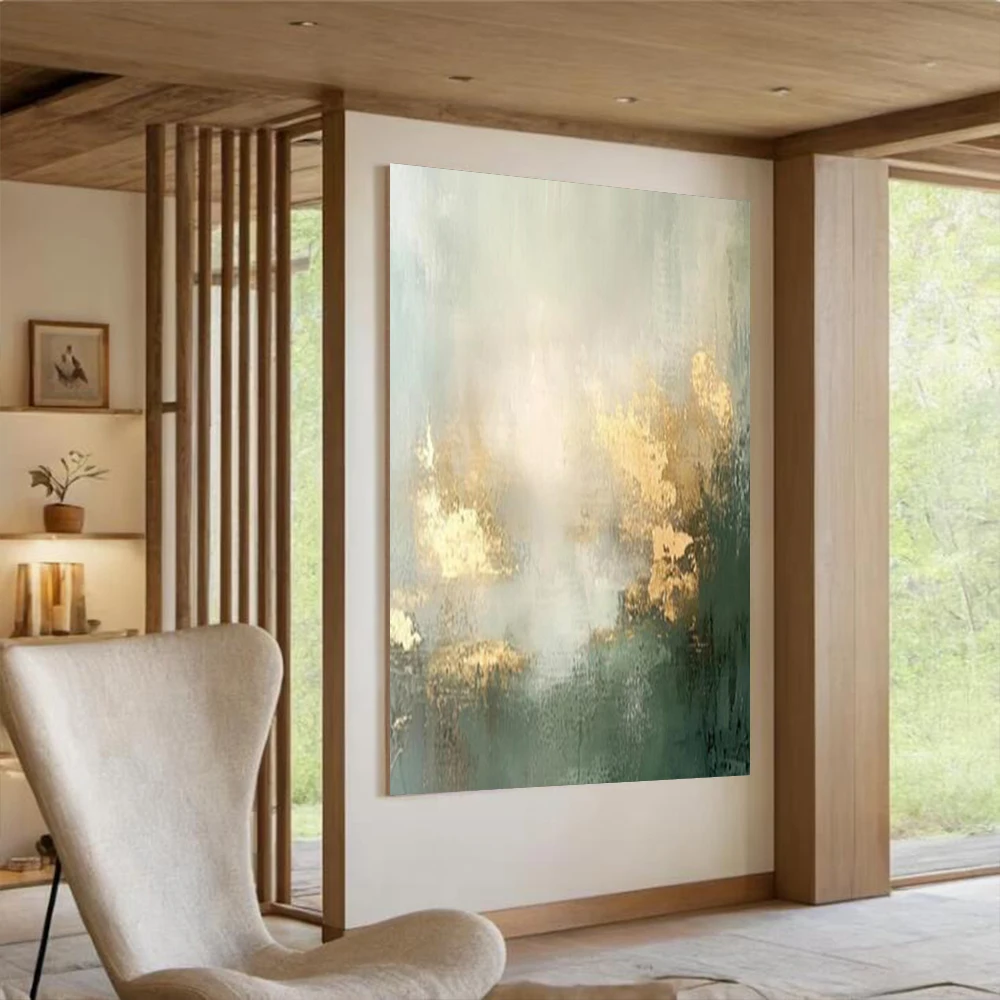 100% Handmade Abstract Oil Painting Gold And Green Rough Texture Wall Art Picture Knife Mural For Home Living Room Decor Image