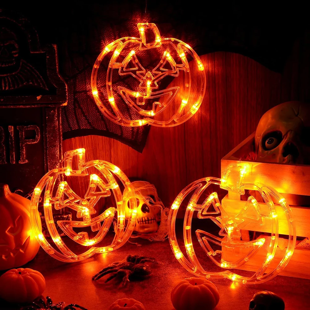 Led Pumpkin Witch Shaped Lamp Halloween Decoration Battery Operated Window Suction Cup Hanging Lights For Indoor Home Decor