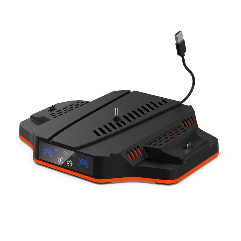 Verticale koelstandaard voor de PS5 Slim/Pro, met ventilator, RGB-verlichting, dubbele controllerlader, LED-indicator en oplaadstation met USB-aansluiting.
