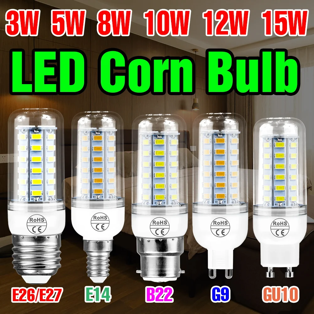15W LED Corn Light High Brightness Indoor E27 Spotlight E14 Ceiling Lamp B22 Chandelier Bulbs 220V Living Room Bedroom Lighting