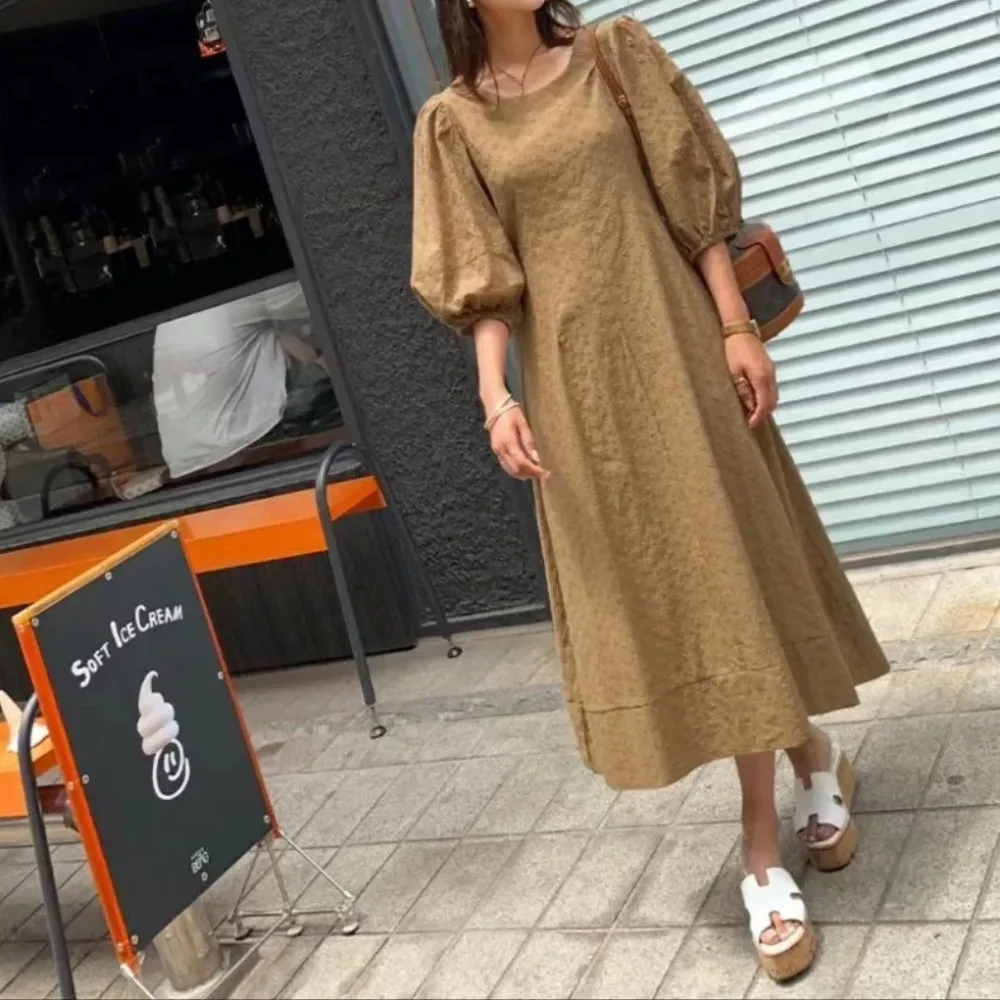 Women\'s Summer Vintage Long Jacquard Dress with Belt Puff Sleeve Flattering Pullover Vestidos Female Robe 2024