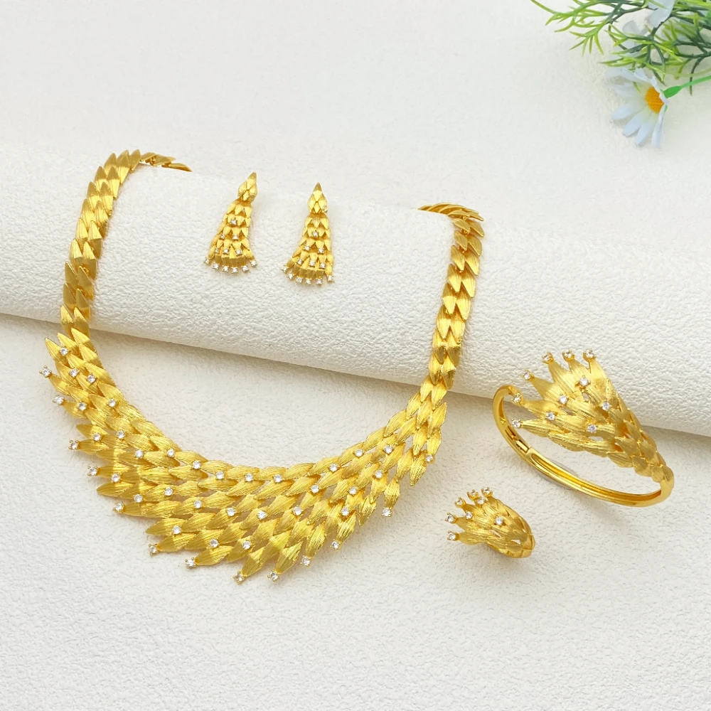 

Falair UAE Bride Zircon Gold Plated Jewelry Set Bridal Wedding Bangle Ring Necklace Earrings Luxury Party Gala Accessory