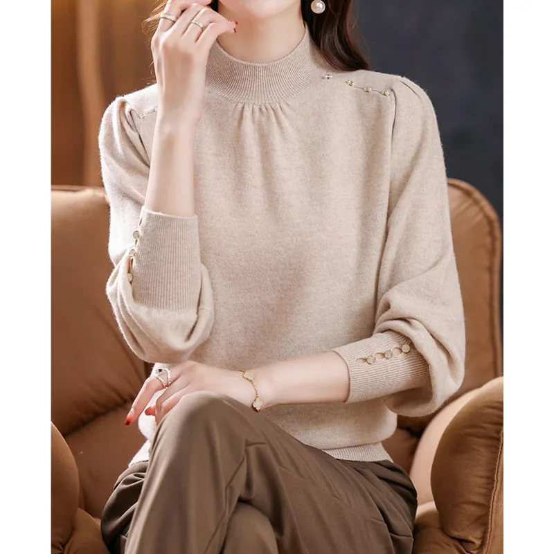 Commute Fashion Half High Collar Solid Color Sweaters Autumn Winter New Long Sleeve All-match Knitted Pullovers Women\'s Clothing