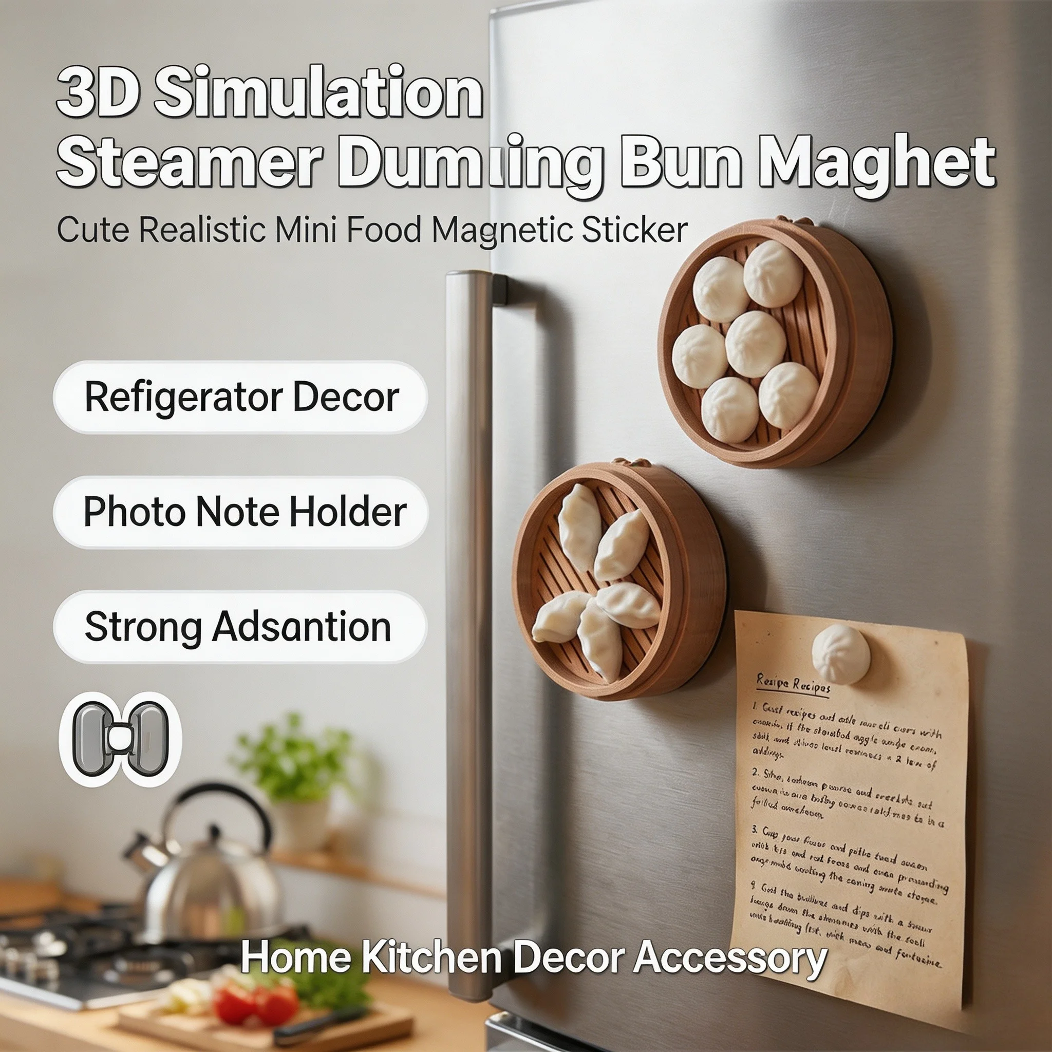 Mini Realistic 3D Steamer Bun Dumpling Fridge Magnet Food Magnetic Sticker Refrigerator Note Photo Holder Home Kitchen Decor