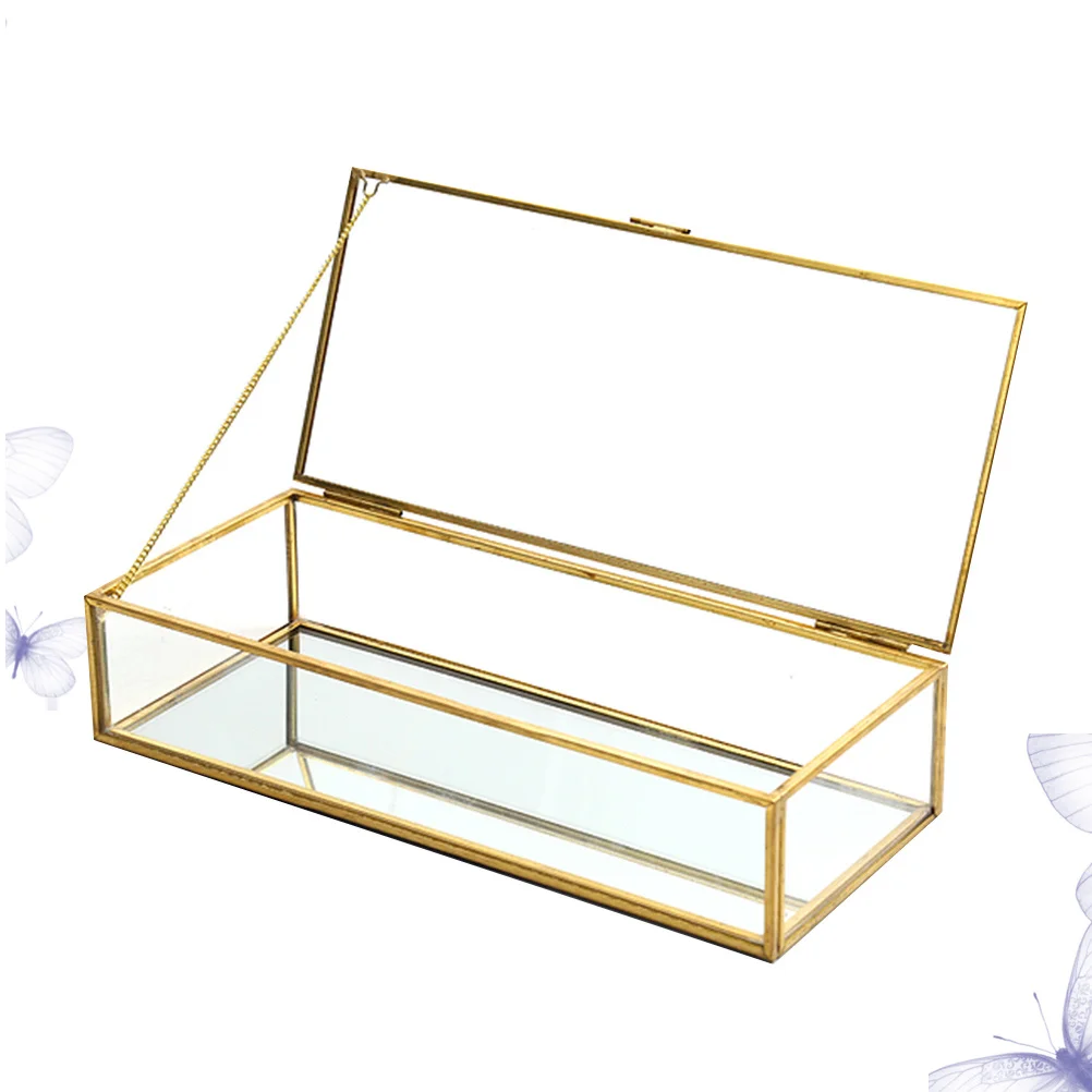 Premium Golden Trim Glass Jewelry Organizer Desktop Decoration Box for Weddings Birthdays Anniversaries Special Occasions