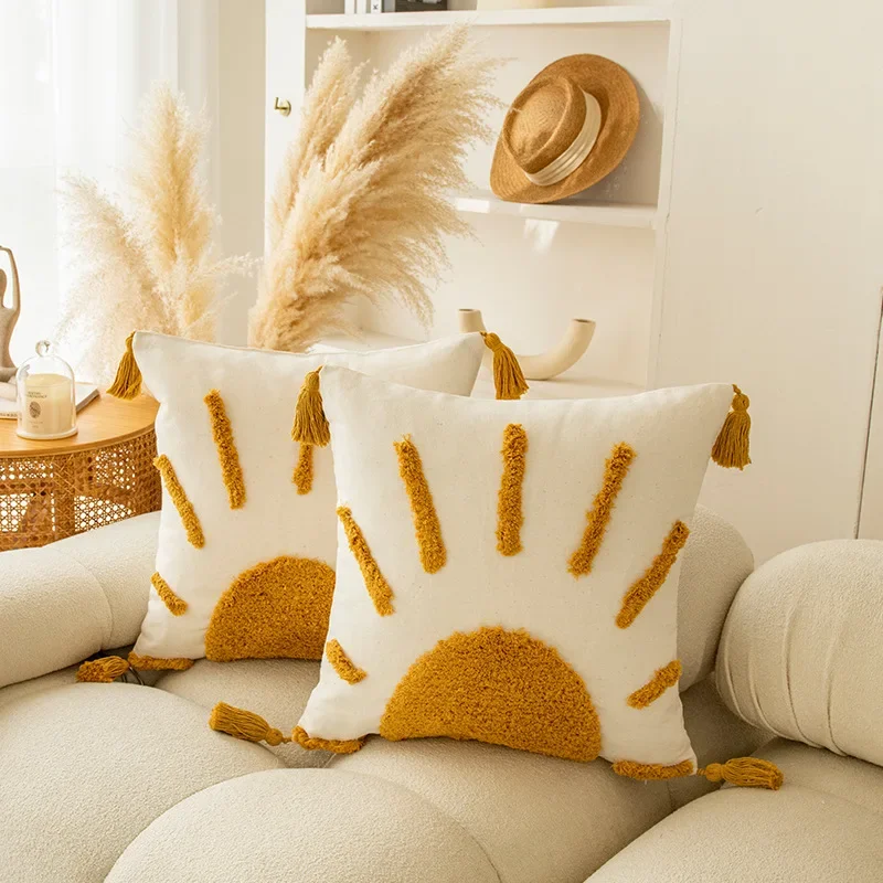 

30x50cm/45x45cm Bohemian Golden Sun Pillow Romantic Sunshine Geometric Fringe Ring Velvet Pillow Bedroom Sofa Home Cushion