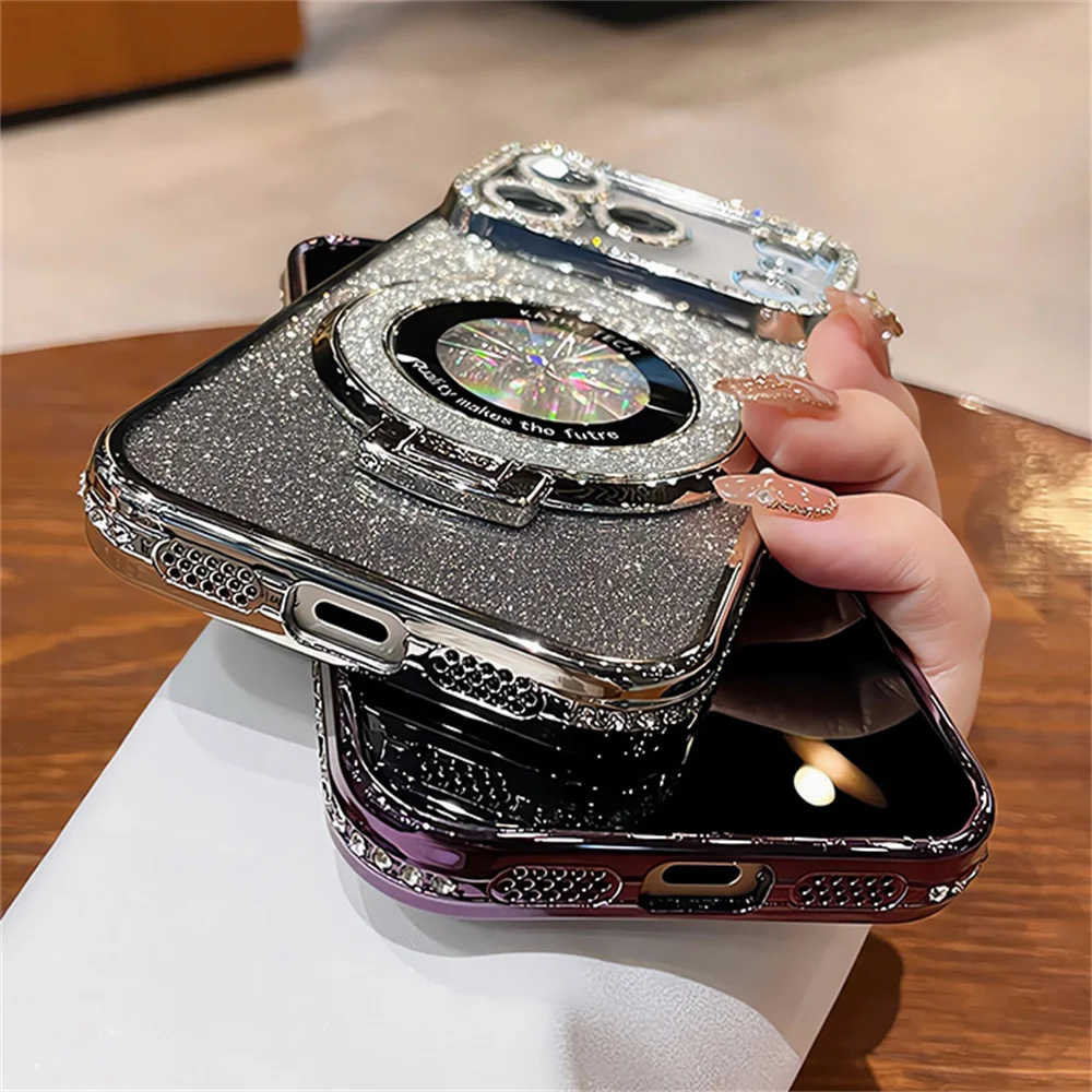 حجر الراين الإطار درع بريق أضعاف حامل المغناطيسي جراب هاتف آيفون 17 16 15 14 13 12 برو ماكس الفاخرة 3IN1 لامعة غطاء شفاف