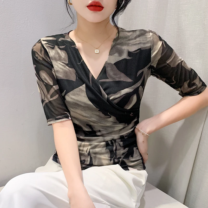 초가을 여성 반팔 티셔츠, 폴드 크로스 V넥, 더블 레이어 프린트 메쉬 티셔츠, FF008
