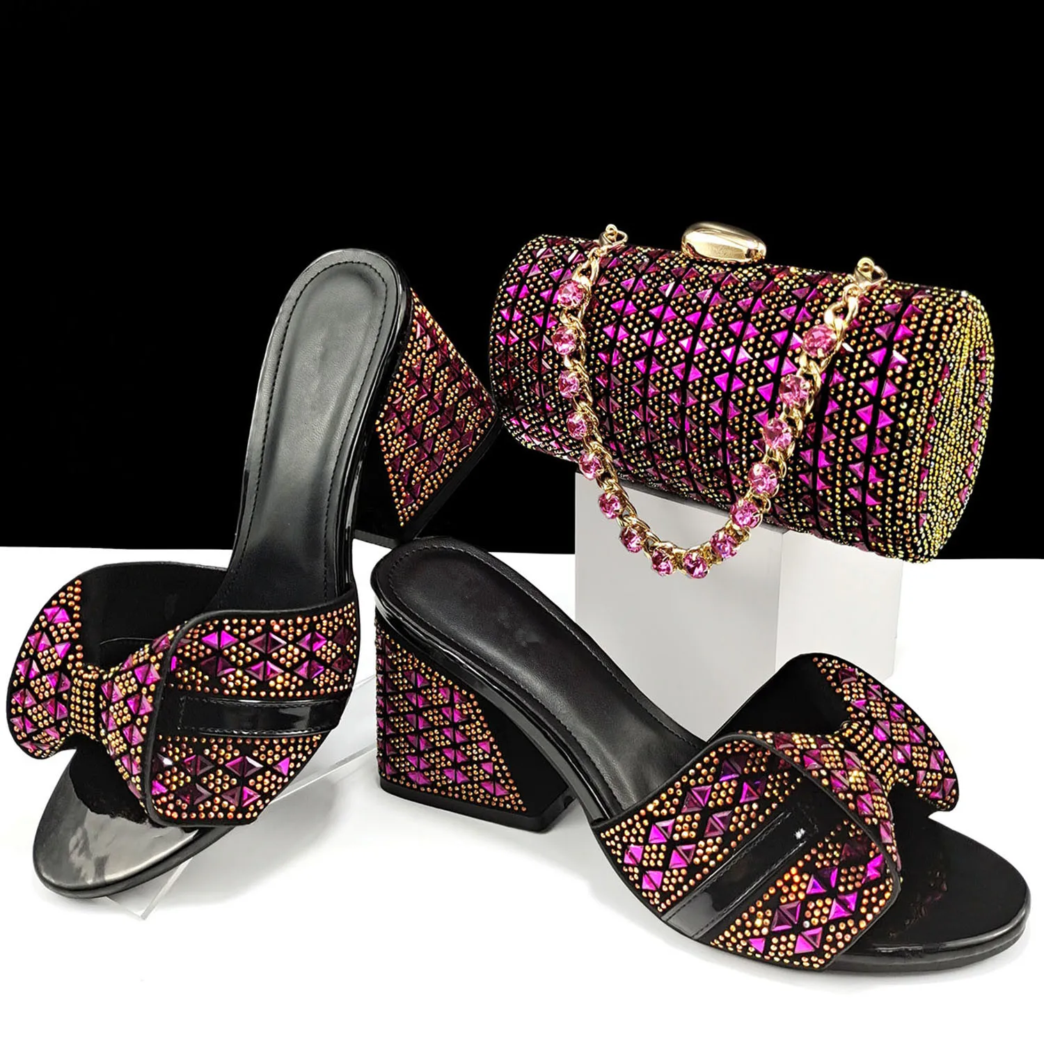 

New Fshion Women Shoes Match Magenta Crystal Handbag African Dressing Pumps And Bag Set QSL099,Heel 8.5CM