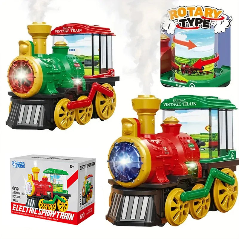 لعبة قطار بخاري كهربائي، شاحنة تحطم مع قاطرة بخارية، دخان، أضواء وأصوات، شاحنة قطار عيد الميلاد تدور 360 درجة
