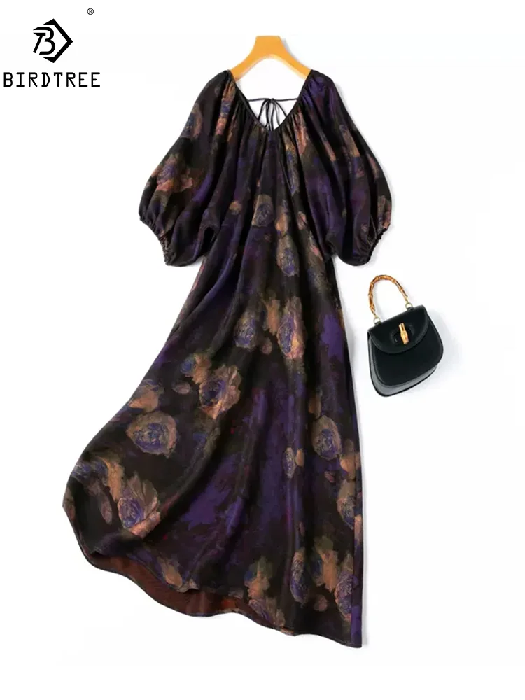 

BirdTree, Watered Gauze Real Silk Elegant Dress, Women Batwing Sleeve Flower, Fashion Retro Dresses, 2024 Summer Fall D46806QM