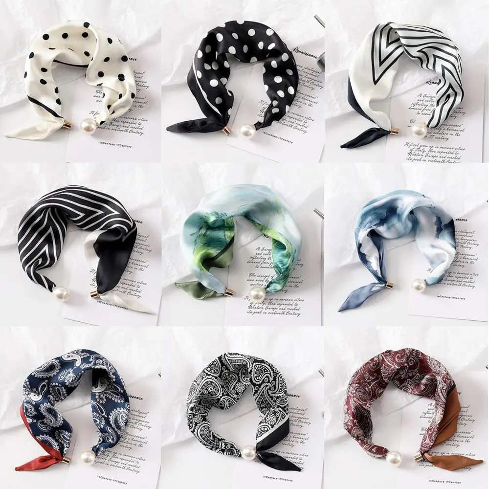 

Новый шелковый шарф с жемчужной пряжкой, тонкий, с принтом, легкий, мягкий, женский платок на шею