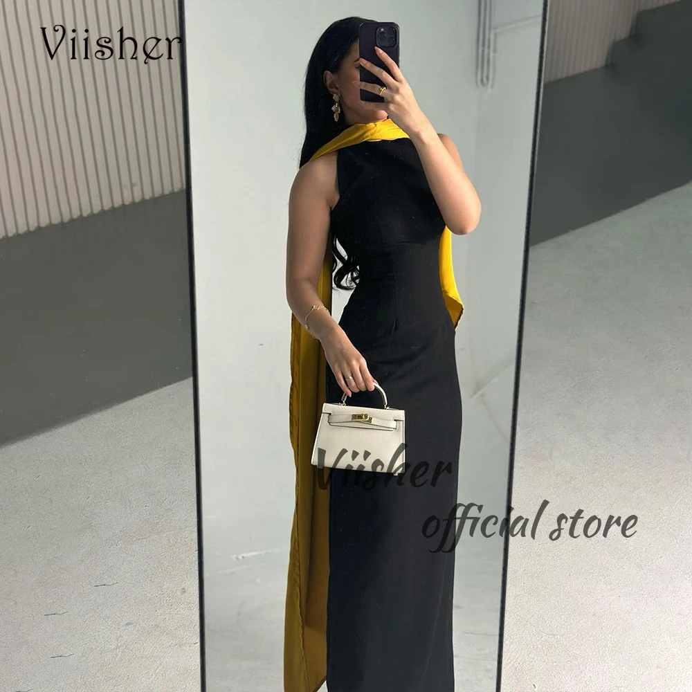 

Viisher Black Mermaid Evening Dresses for Women Mono Satin Arabic Dubai Prom Dress with Cape Floor Length Formal Gowns