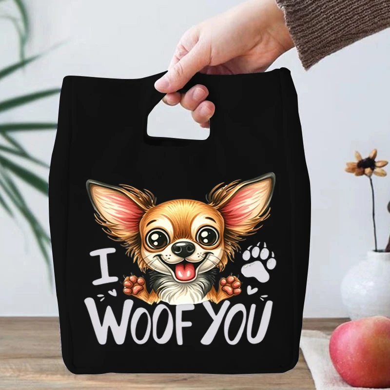 Children School Lunch Bag I Woof You Cartoon Dog Print Portable Bento Bags Cartoon Kawaii Dog Lover Canvas Lunch Box Storage Bag