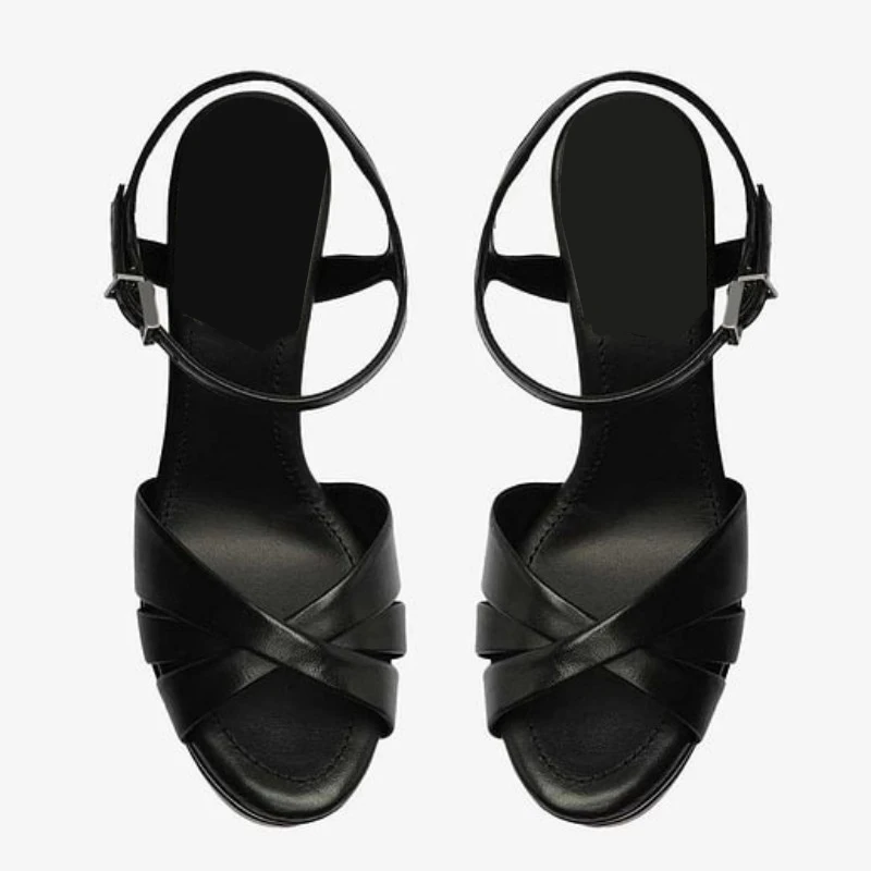 DIZHUANG Fashionable women's high-heeled sandals. Black leather sandals. About 20cm heel height. Double layered platform sandals
