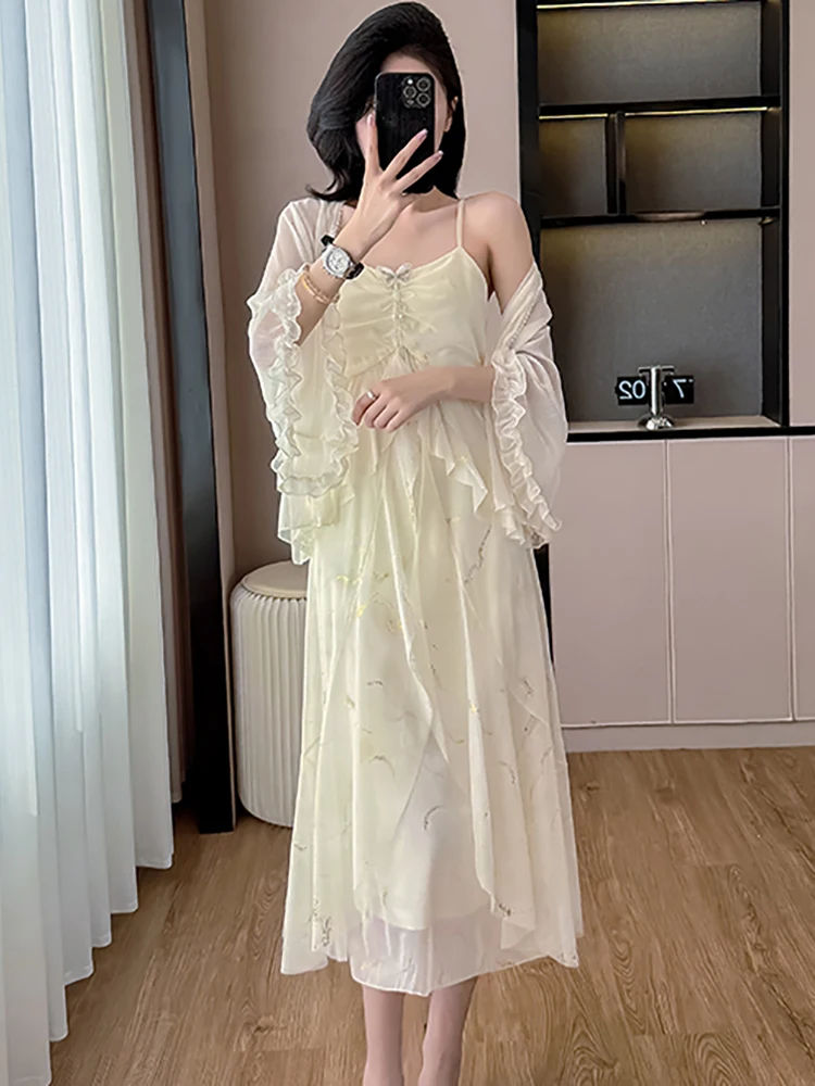 2025 Estate bianco stampa increspato chic fiocco fionda vestito + nappa top camicie due pezzi set donna moda coreana elegante abito casual