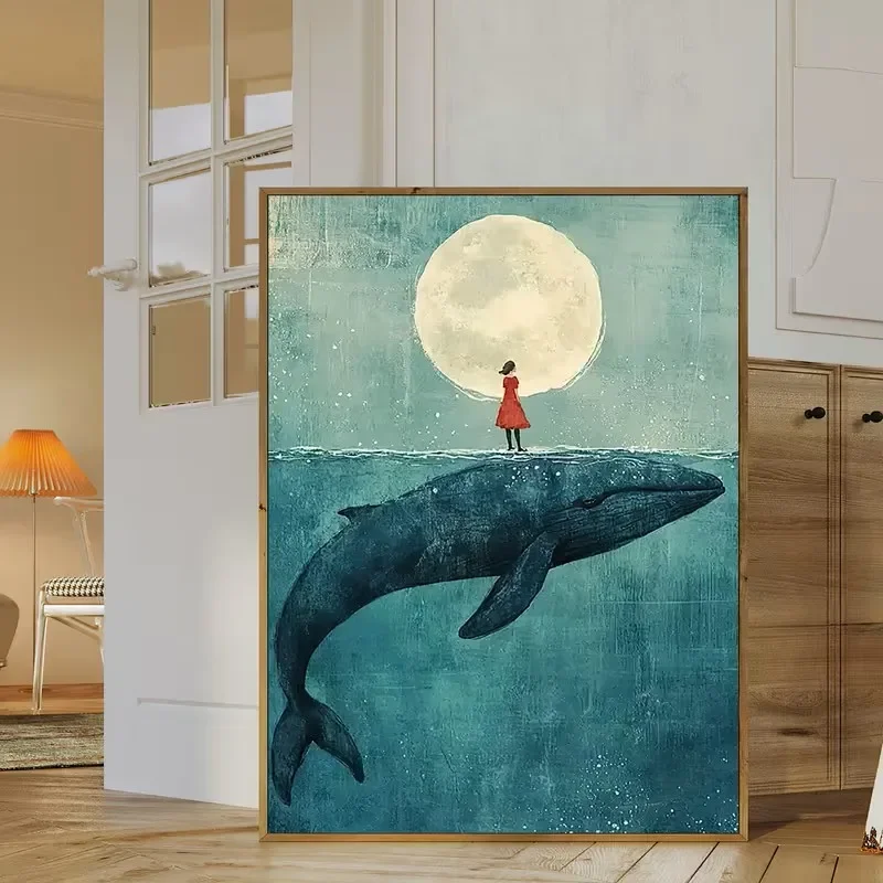 Blue Fairy Moonlight Canvas Printed Watercolor Wall Art Girl Ostracean Cyan Background Bedroom Living Room Bar Home Decoration