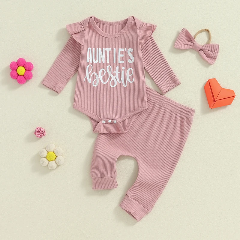 Baby Girls Ribbed Letter Print Ruffled Outfit Set