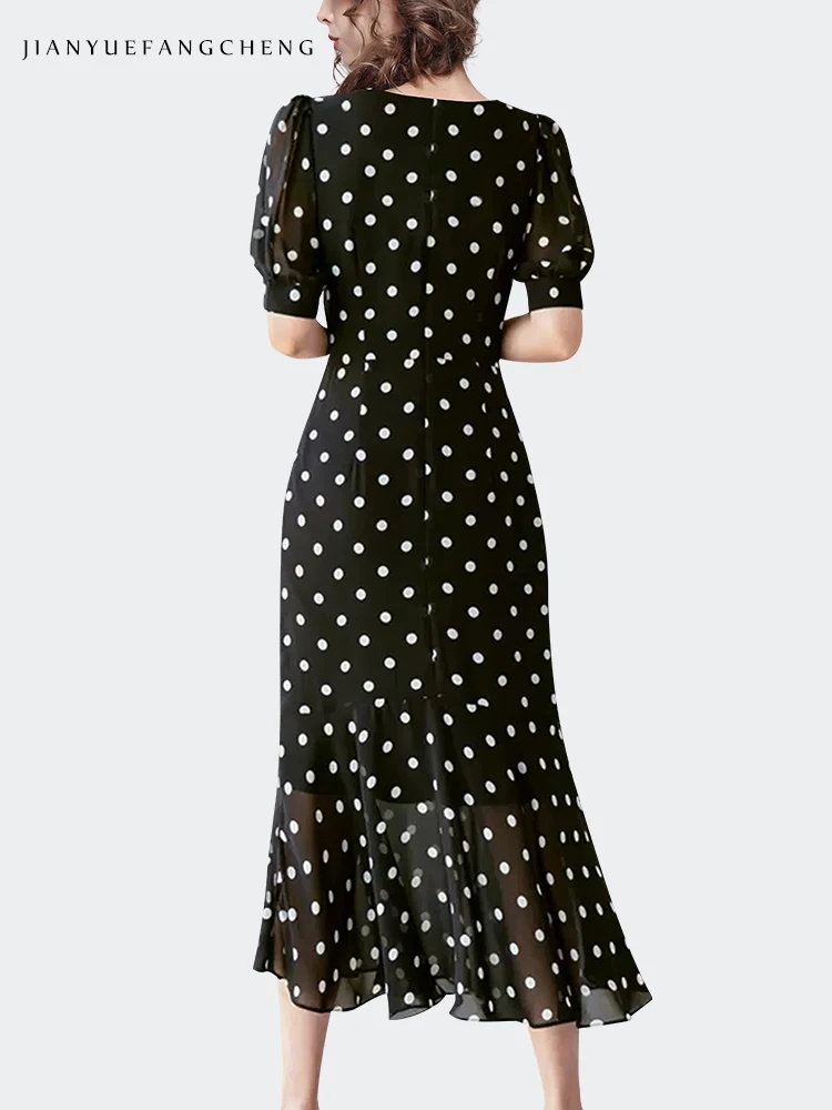 2024 Summer Elegant French Style Polka Dot Chiffon Dress Women\'s Mid-length Bodycon over the knee Black long Dresses