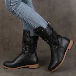 Women Mid-Calf Boot Fashion Rivet Knight Boots British Style Autumn Winter Female Shoes Cross Lace Morden Booties Botas Mujer PU