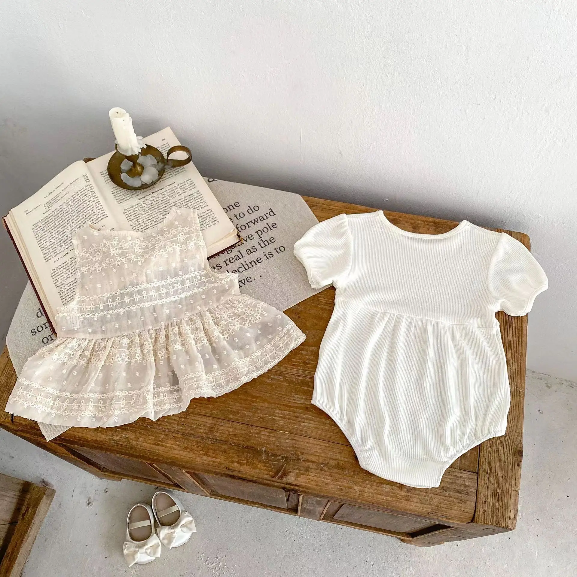 2024 Summer Baby Women's Baobao Waffle Clear Color Sweetheart+Personalized Style Lace Waistcoat Two Piece Set