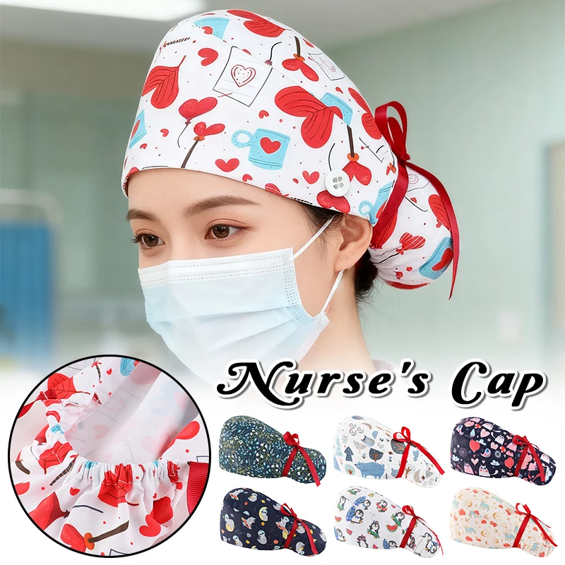 

Unisex Scrub Cap Cartoon Printing Nursing Scrubs Hat Cotton Women Sanitary Surgical Hats Operating Room Doctor Nurse Bouffant