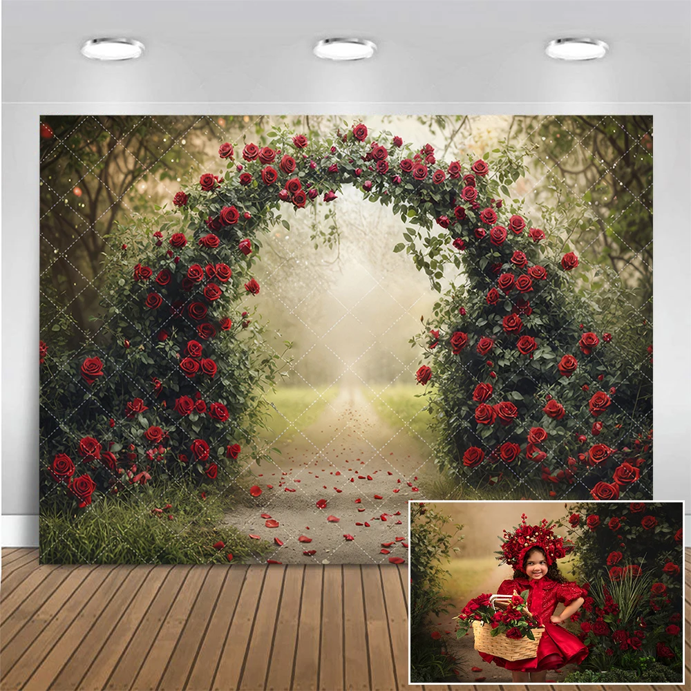 

Enchanted Red Rose Arch Photography Backdrop Kids Adult Birthday Photoshoot Background Spring Road Photo Studio Props