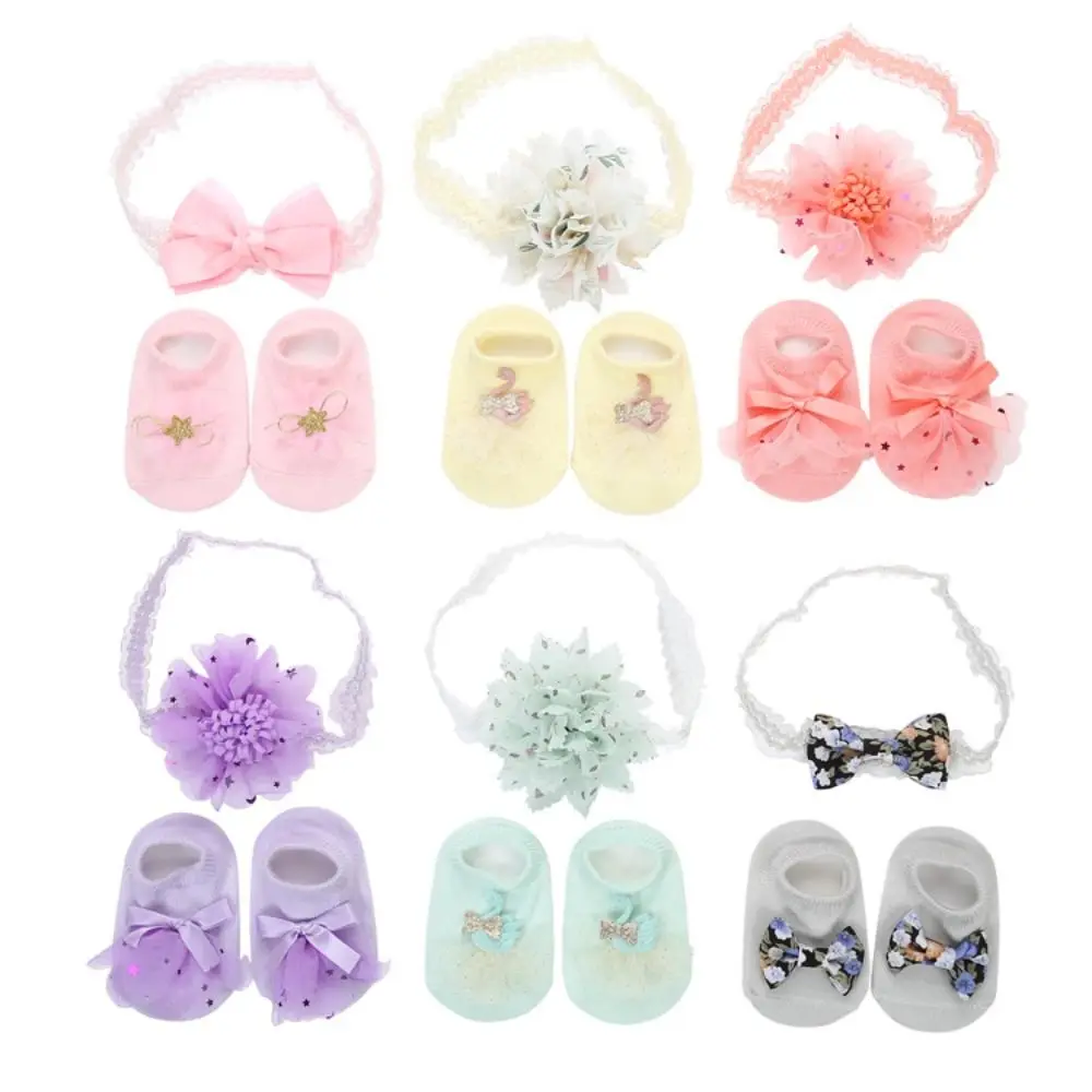 New Floral Lace Baby Socks Set Tulle Cotton Blend Baby Headband Set Soft Stretch Bow Decor Infant Socks Set Infant Girls