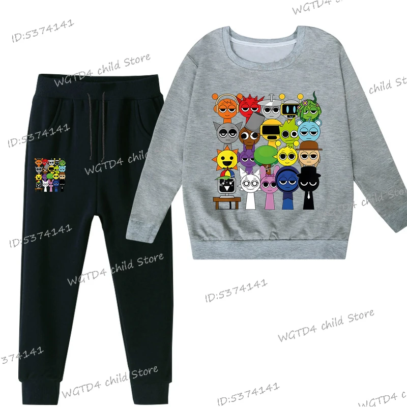 Wiosna Chłopcy Dziewczynki Anime Sprunki Garnitur Zabawna Gra Figurka Nadruk Bluza Długi Rękaw Pullovers+Fashion Sprunki Spodnie 2szt Zestawy