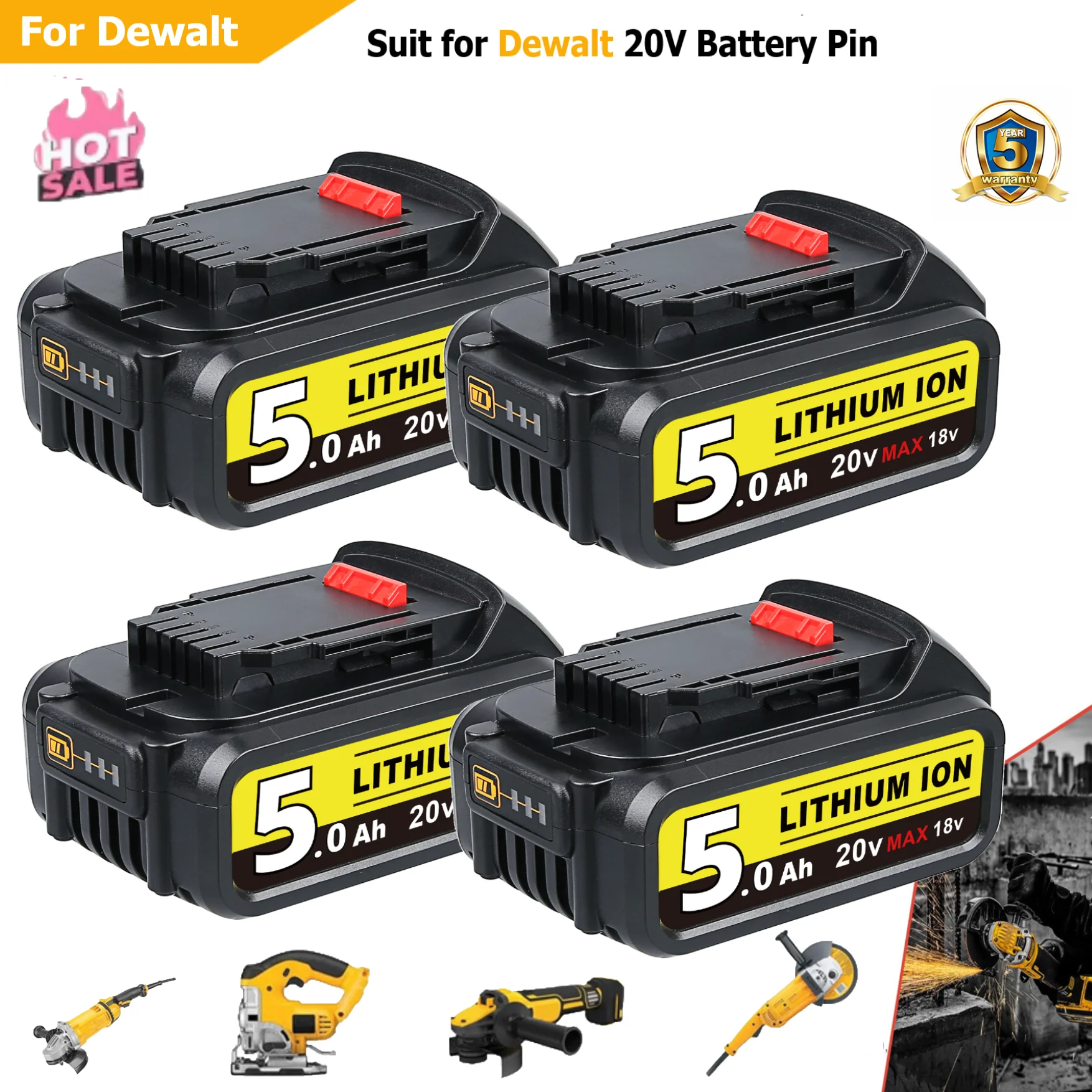 

1/2/4Pack DCB200 20V 5.0Ah Replace for Dewalt 20V Li-on Battery Pin Compatible with Cordless Power Tools DCB201 DCB205 DCB206