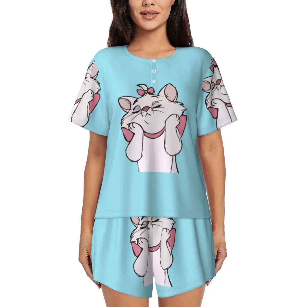 

Женский пижамный комплект Kawaii Marie с короткими рукавами, одежда для сна с забавным котом и котенком, домашняя одежда, комплект из 2 предметов, пижамы
