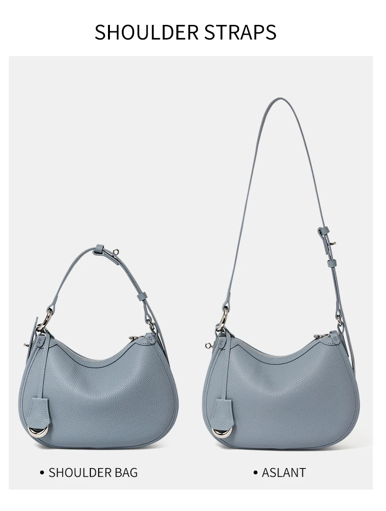 Neue hochwertige Leder-Halbmondtasche für Damen mit diagonalen Klettverschlüssen aus Rindsleder, Handtasche mit Schulterriemen und Achseltaschenfunktion. – Detail 5