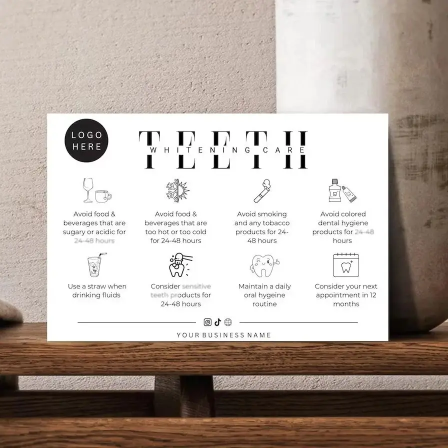 

Custom Teeth Whitening Aftercare Instruction Cards Premium Teeth Whitening Specialist business cards with Logo for beauty Printa