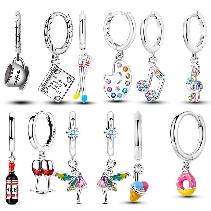 925 Sterling Silver Hoops Earrings Zirconia Musical Notes Painter Lifestyle Element Earrings For Women Girl Fashion Jewelry Gift