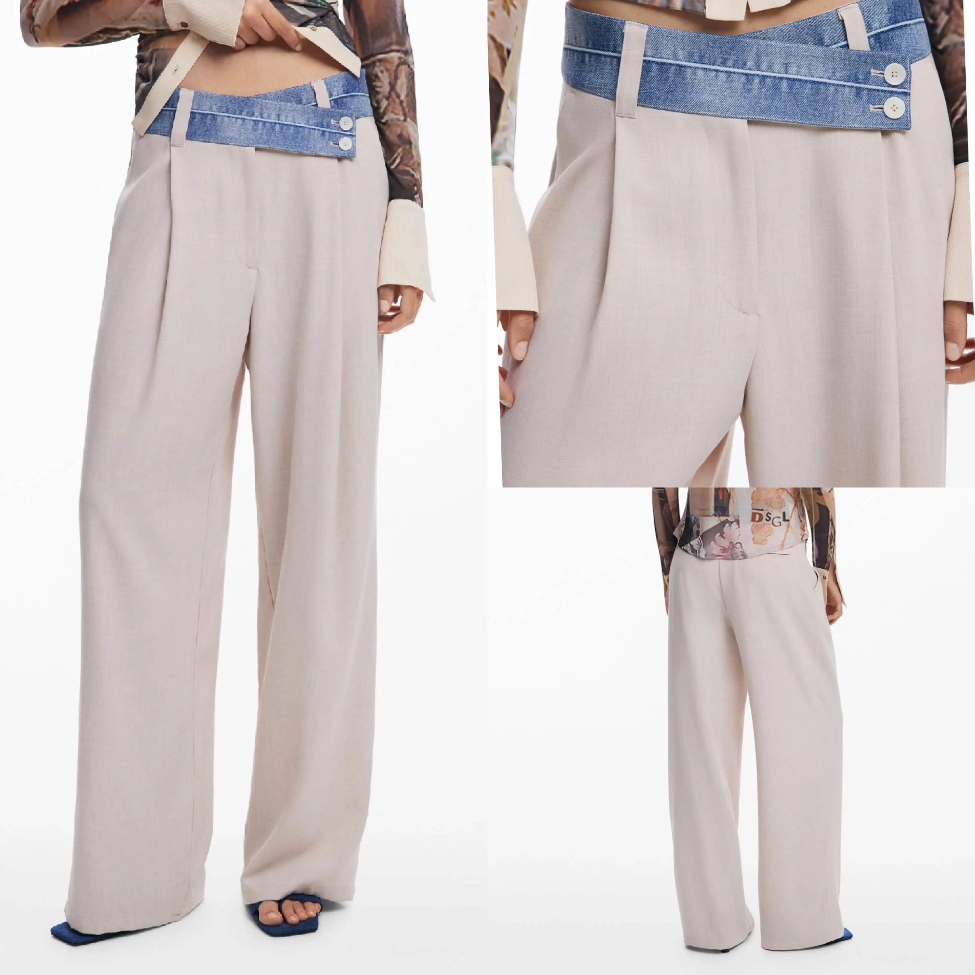 

Испанский оригинальный европейский и американский стиль, джинсовые плиссированные широкие брюки с перекрестной талией, свободные повседневные женские брюки, новый стиль