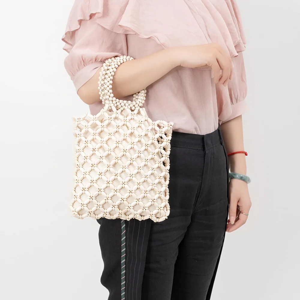 

Ladies' Contrasting Woven Handbag Summer Design Hollow Wooden Bead Tote Bag Single Shoulder Women's Mesh Beach Handbag Daily