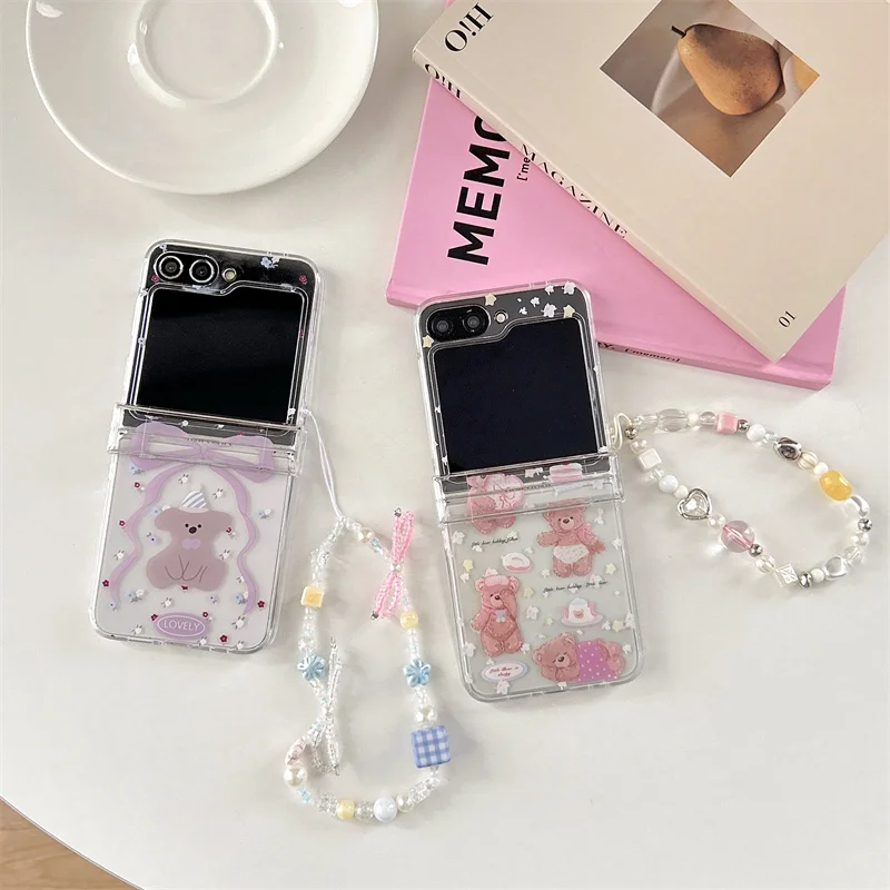Для Samsung Galaxy Z Flip 7 FE 3 4 5 6, чехол с мультяшным бантом и медведем, браслет, шарнир, противоударный чехол для Samsung Z Flip7
