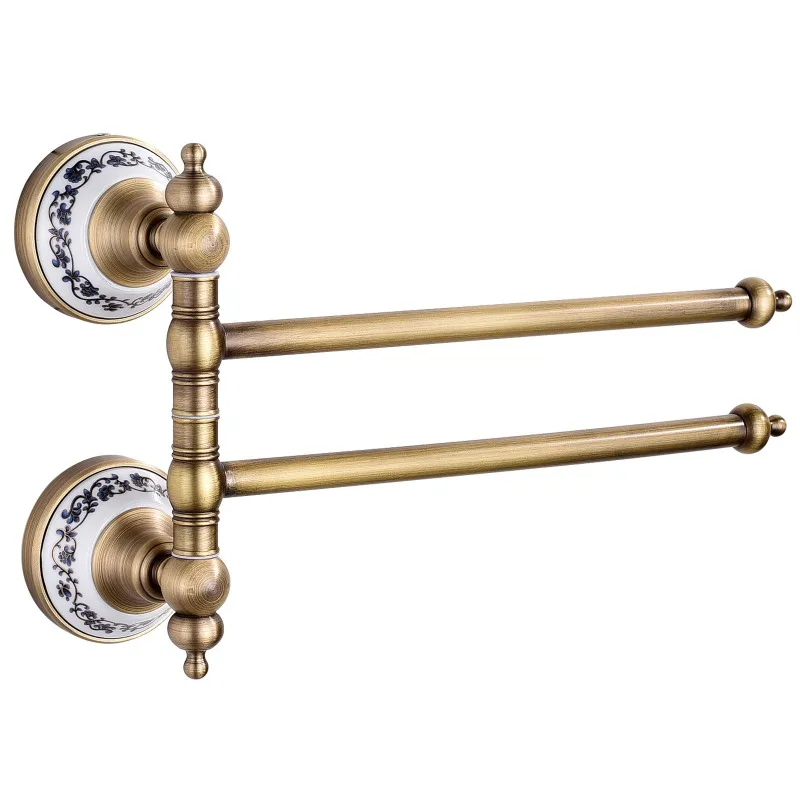 

Европейская латунная поворотная передвижная вешалка для полотенец, антикварная двухэтажная подвесная вешалка для полотенец для ванной комнаты, двойной стержень