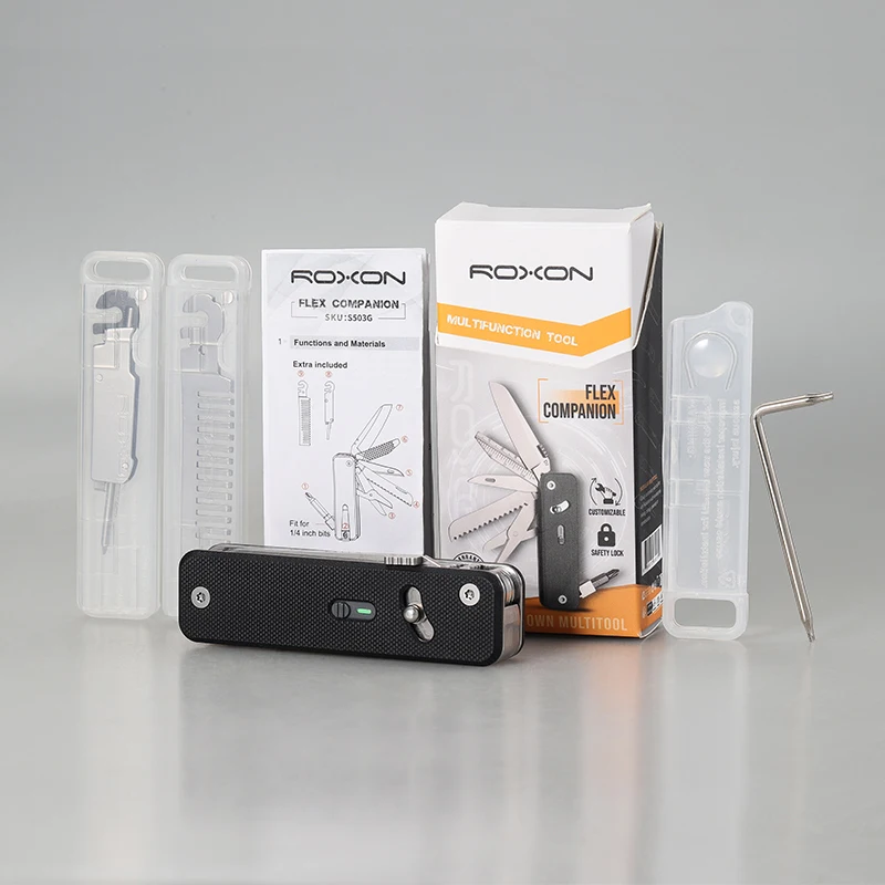 Ferramenta de companheiro ROXON S503G Flex Design modular e ferramenta de bolso personalizável, pré-instalada com 8 ferramentas essenciais (unidade de bits de 1/4"