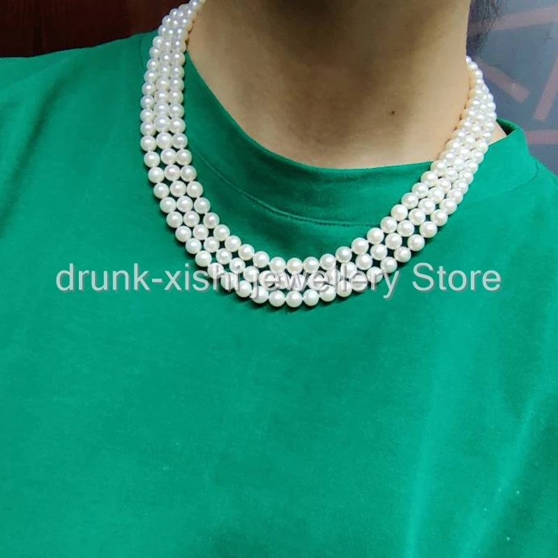 

Genuine Classic Vintage 6-7mm Triple Strand 3 Rows Akoya AAAA Real Natural Pearl Necklace White Near Round Free Shipping