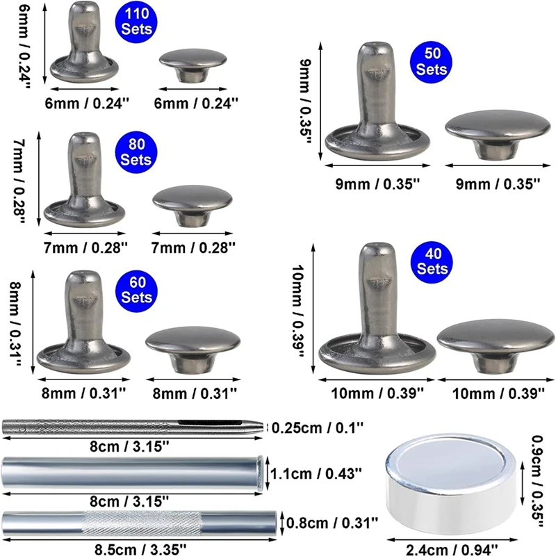 340 ชุดหนัง Rivet Kit Rivets หนังคู่หมวก Rivets เครื่องแต่งกายผ้าสําหรับซ่อมเสื้อผ้ารองเท้ากระเป๋าเข็มขัดใช้งานง่าย C